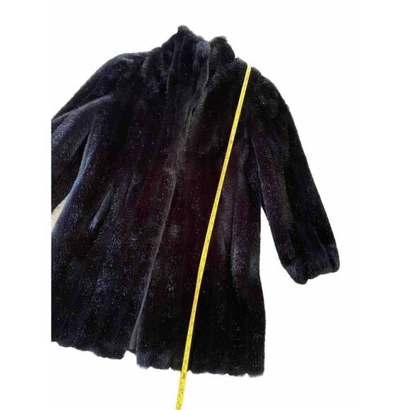 Vintage Womens Coat Faux Fur Mid Length Scalloped Edge Large Pocketed Black - Picture 5 of 10